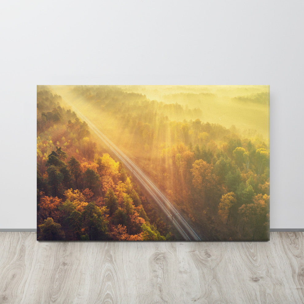 Sunrise Railroad Misty Forest Golden Haze Landscape Photo Canvas Art Print, 24" X 36"