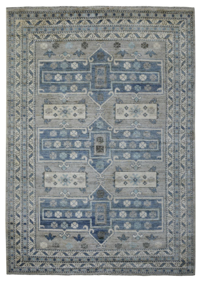 Gray, Anatolian Design, Supple Wool Hand Knotted Oriental Rug, 6'2"x8'7"