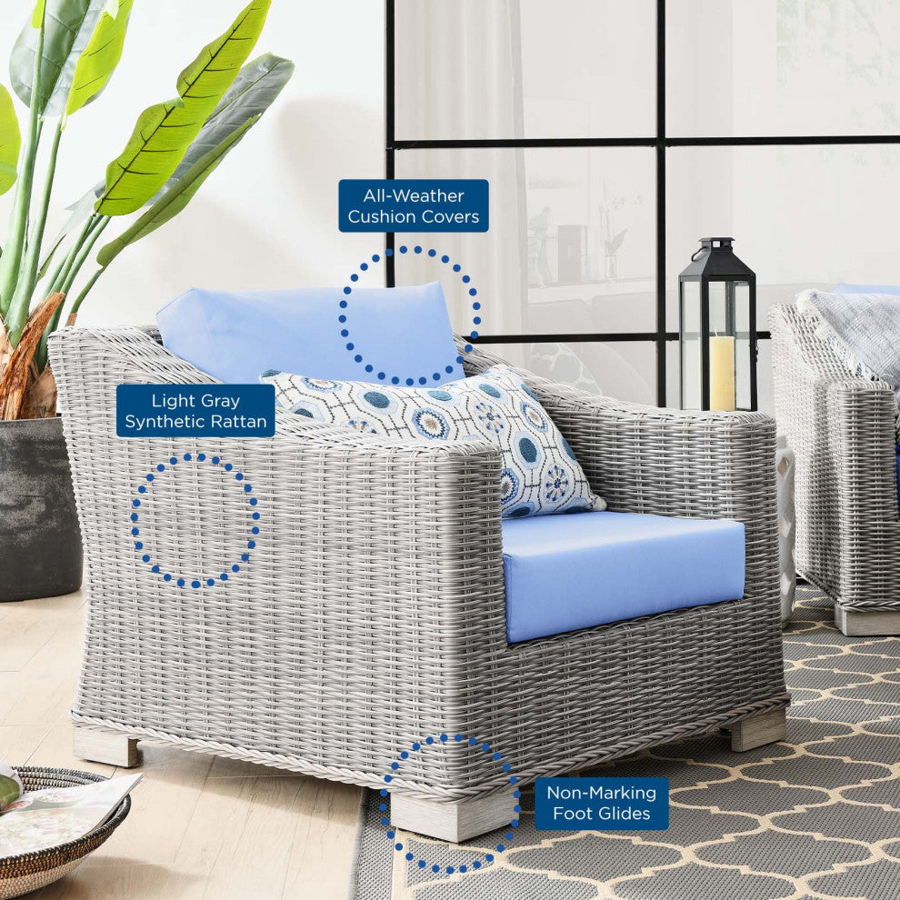Lounge Sectional Sofa Chair Table Set, Rattan, Wicker, Gray Blue, Outdoor