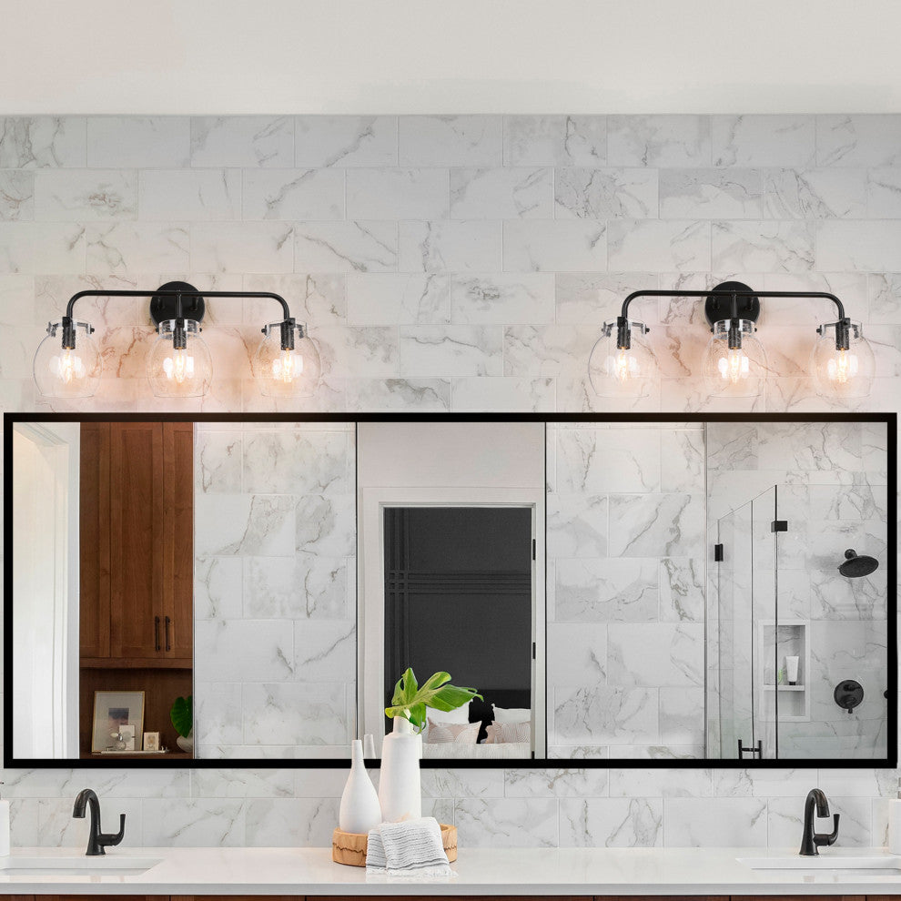 LNC 22" Modern Black Bathroom Vanity Light With Globe Seeded Glass