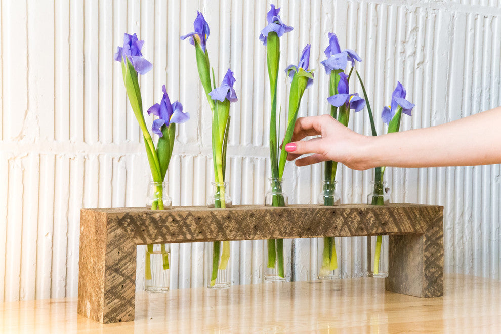 Glass Bud Vase Arrangement With Reclaimed Wood Holder, 5 Bottles