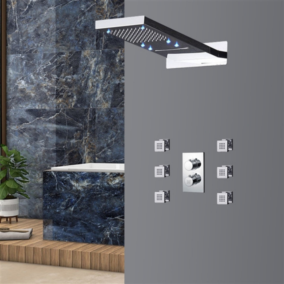 Vasto 22" Chrome Digital Waterfall Rainfall Shower System, 3 Body Jets, LED