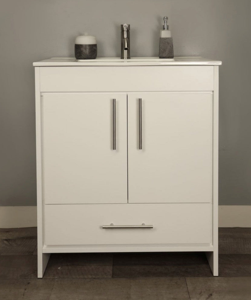 Pacific 30" Vanity With Integrated Ceramic Top and Brushed Nickel Handles, White