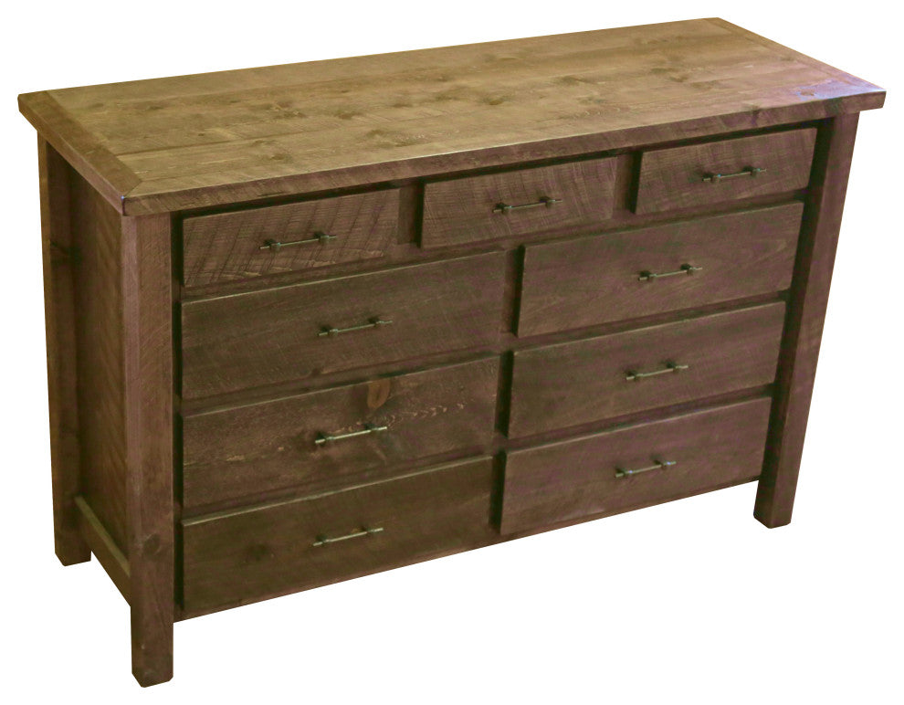 Barnwood Style Timber Peg 9-Drawer Dresser, Driftwood