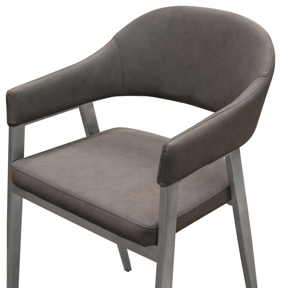 Counter Height Chairs, Set of 2, Gray Leatherette, Brushed Steel Leg