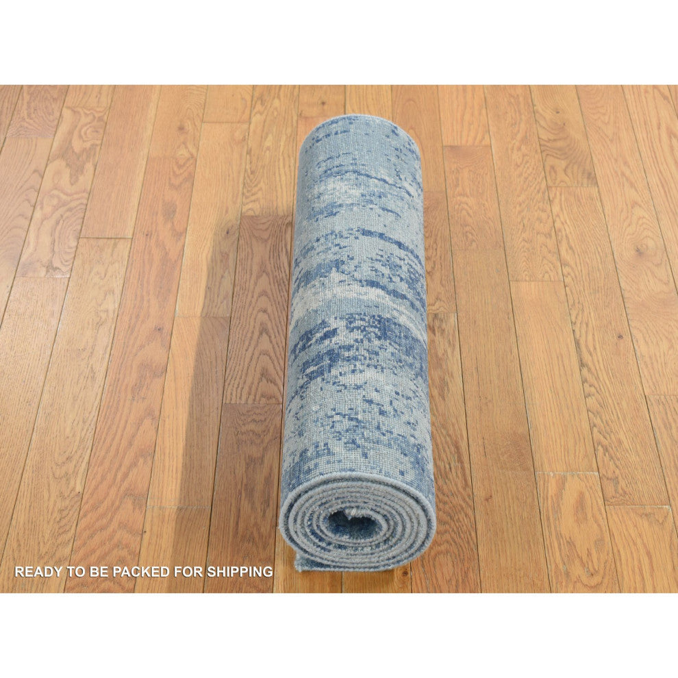 Air Force Blue Abstract Design Wool and Silk Hand Knotted Runner Rug 2'6"x8'1"