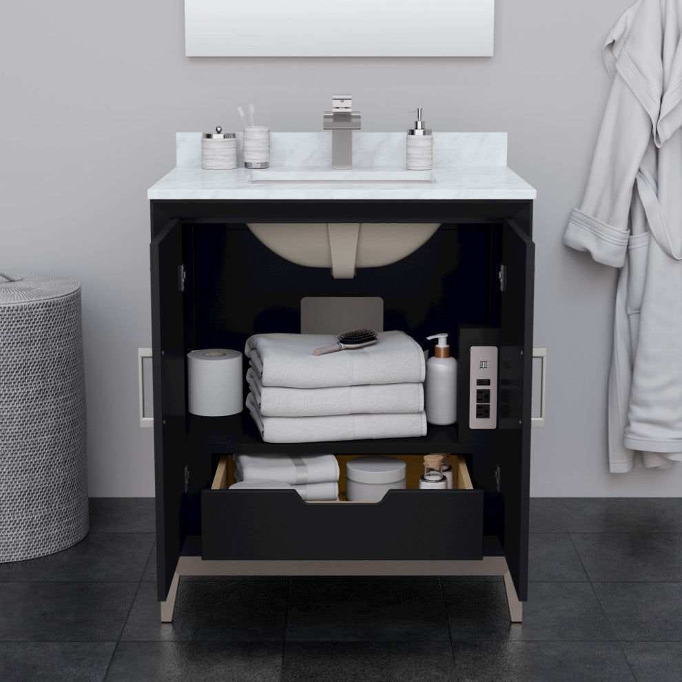 Marlena 30" Black Single Vanity, Quartz Top, 3-Hole, Nickel Trim