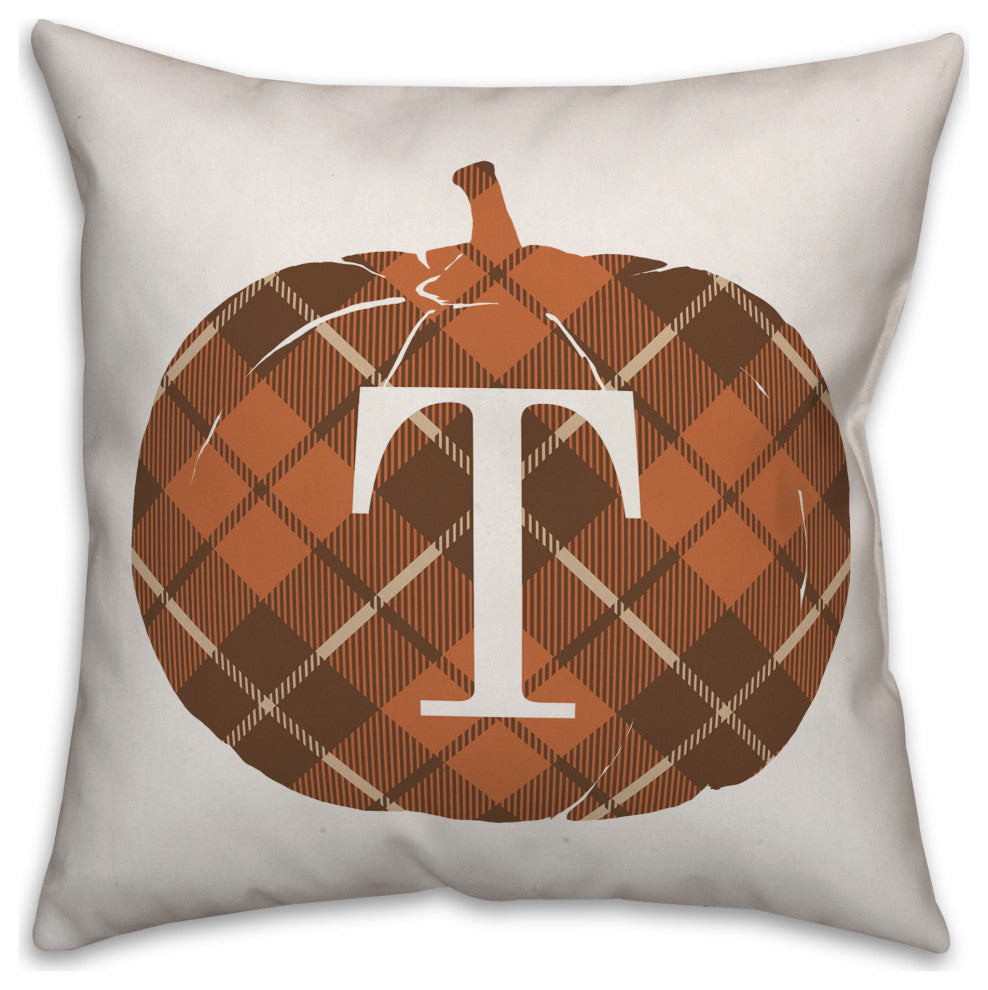 Plaid Pumpkin Monogram T 18x18 Spun Poly Pillow