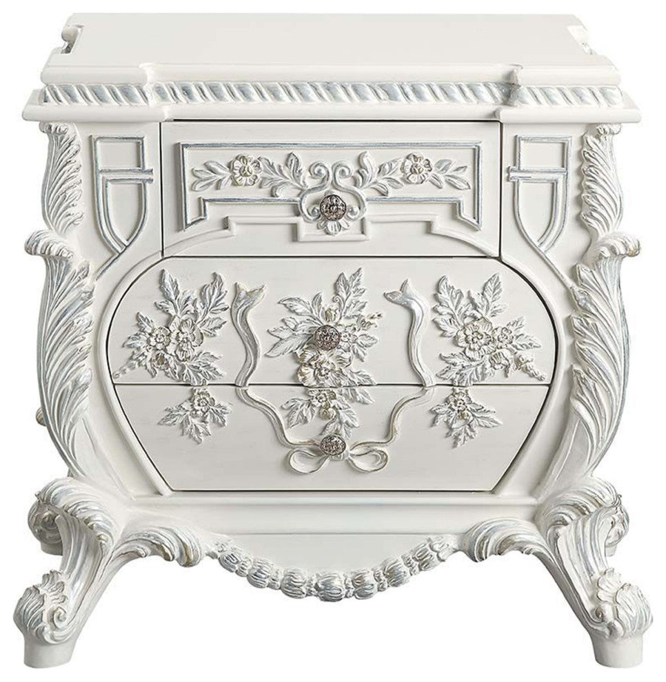 Benzara BM262125 Nightstand With Ornate Floral Accent & 3 Drawers, Antique White