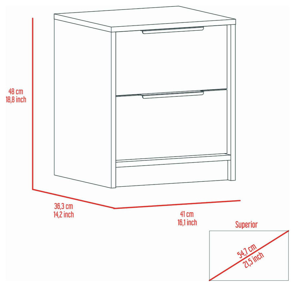 Washington Nightstand with 2 Large Drawers and Metal Handles, White/ Light Oak