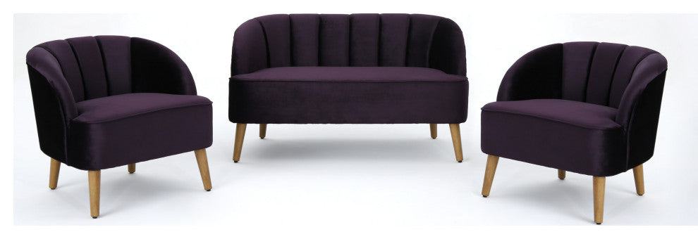 GDF Studio 3-Piece Scarlett Modern New Velvet Loveseat Club Chair Set, Blackberr