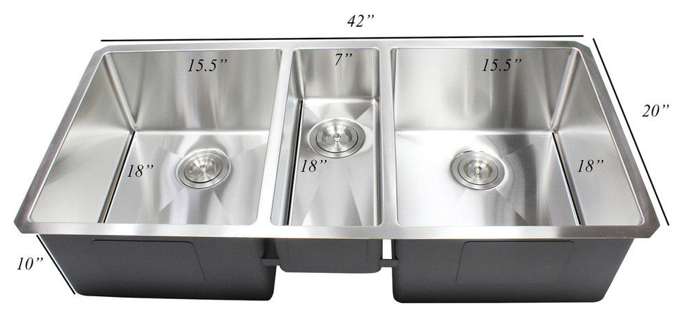 42" Undermount Stainless Steel Triple Bowl Kitchen Sink With Silicone Colanders