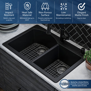 Karran Drop-In Quartz 33" 1-Hole 60/40 Double Bowl Sink Kit, Black