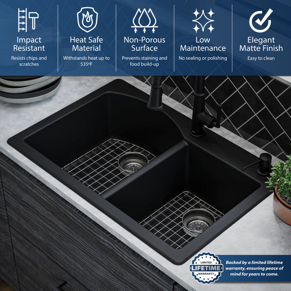 Karran Drop-In Quartz 33" 1-Hole 60/40 Double Bowl Sink Kit, Black