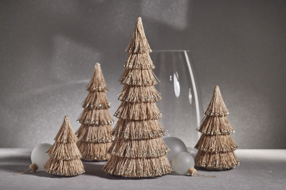 All Natural Abaca Rope Decorative Tree With Champagne Glitter Trim, 15"