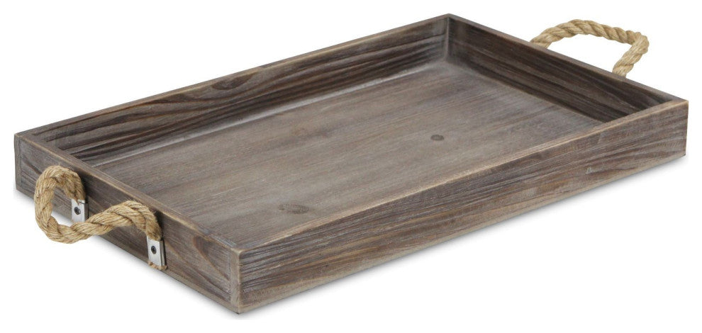 Dark Brown Wooden Tray With Rope Handles