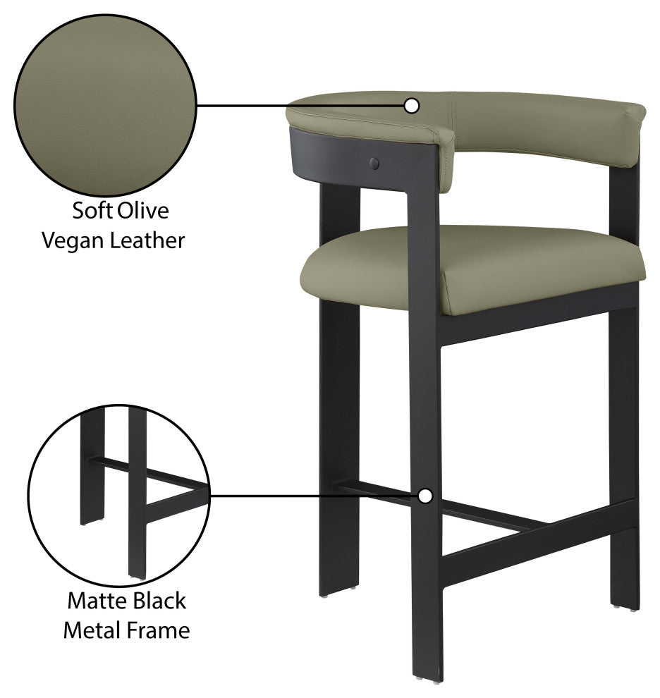 Romeo Upholstered Counter Stool, Olive, Vegan Leather, Matte Black Finish