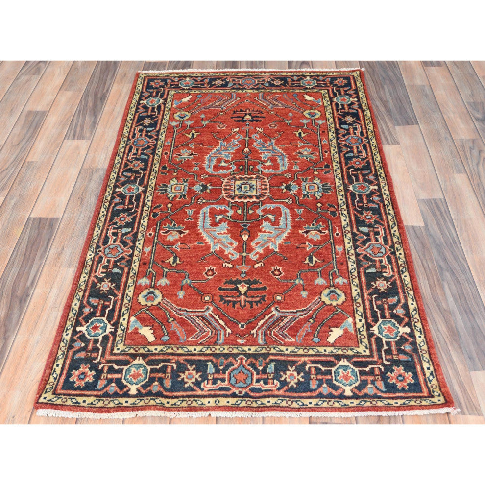 Imperial Red Afghan Peshawar Heriz Wool Hand Knotted Oriental Rug, 3'x4'10"