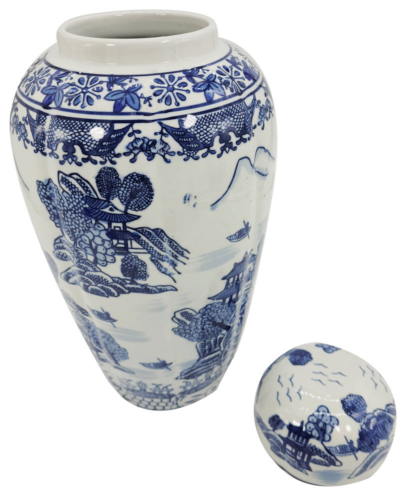 16" Blue and White Chinoiserie Ceramic Jar