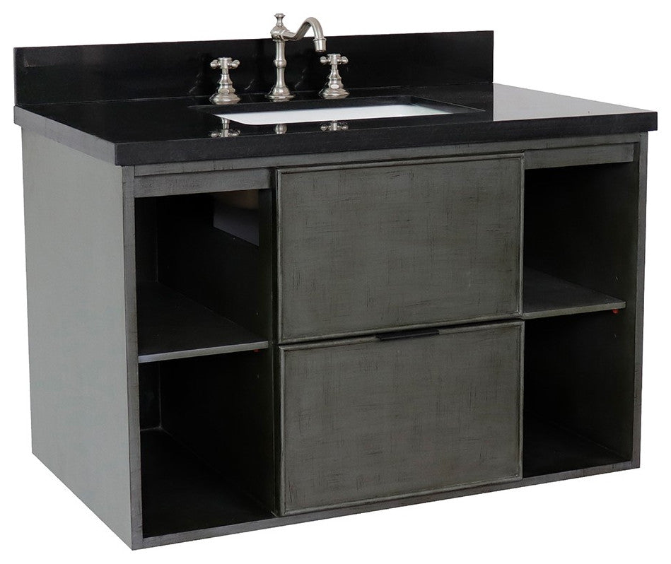 37" Single Wall Mount Vanity, Linen Gray Finish With Black Galaxy Top