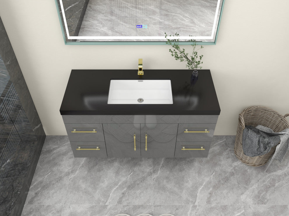 Rosa 48" Wall Mounted Modern Vanity, High Gloss Gray, Matt Black Top
