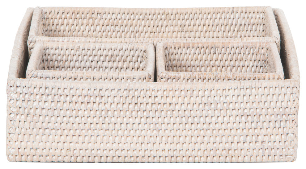 La Jolla Rattan 4-Piece Nesting Desk, Shelf, Cabinet Tray Organizer, White-Wash