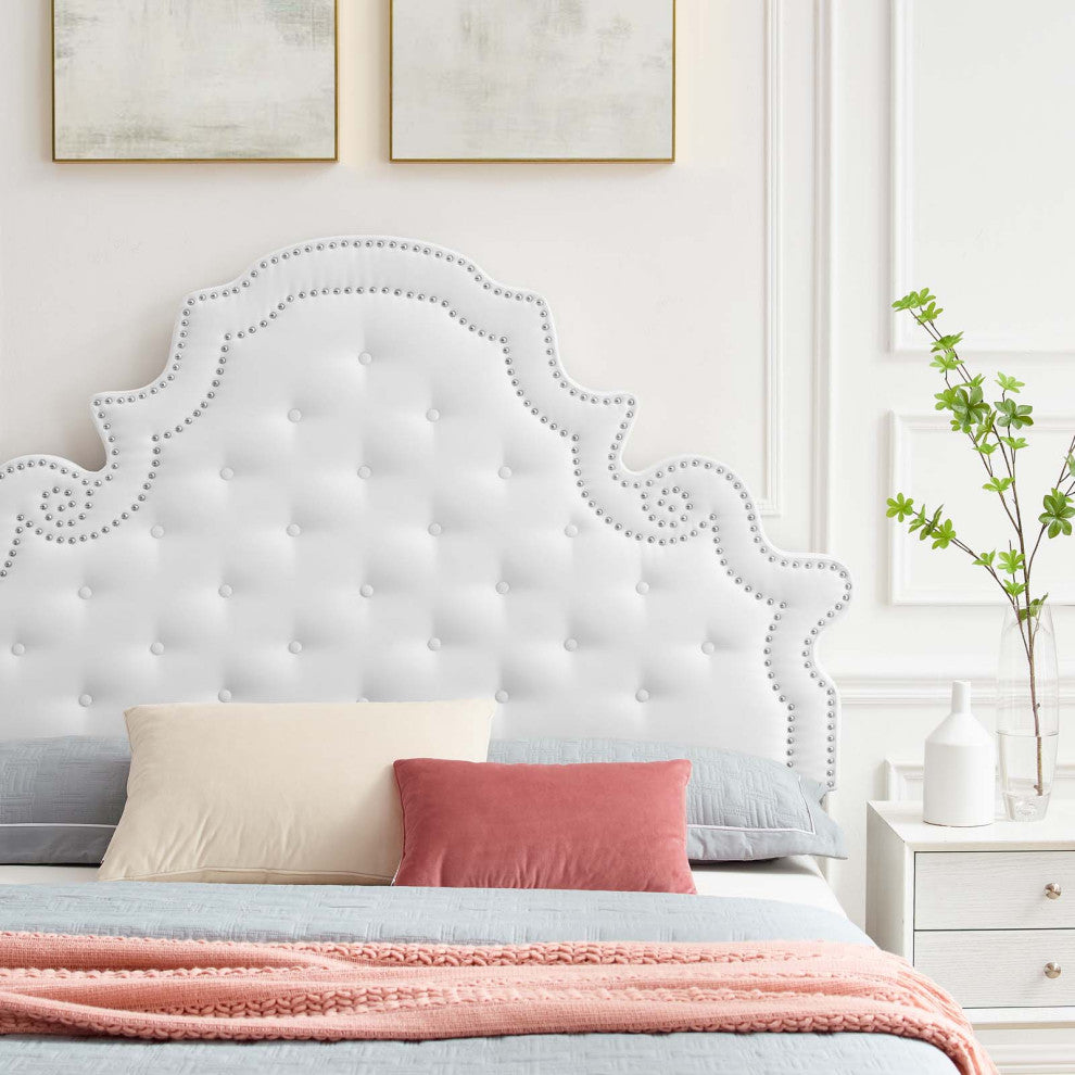 Tufted Platform Bed Frame, King Size, Velvet, White, Modern Contemporary