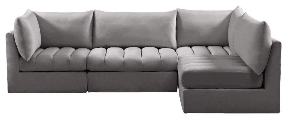 Jacob Velvet Upholstered 4-Piece L-Shaped Modular Sectional, Grey