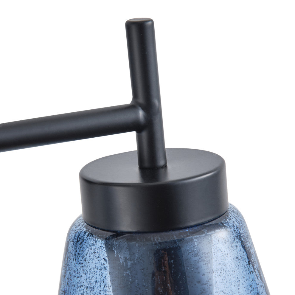 Modern Black 2-Light Wall Light with Blue Seeded Glass Shade