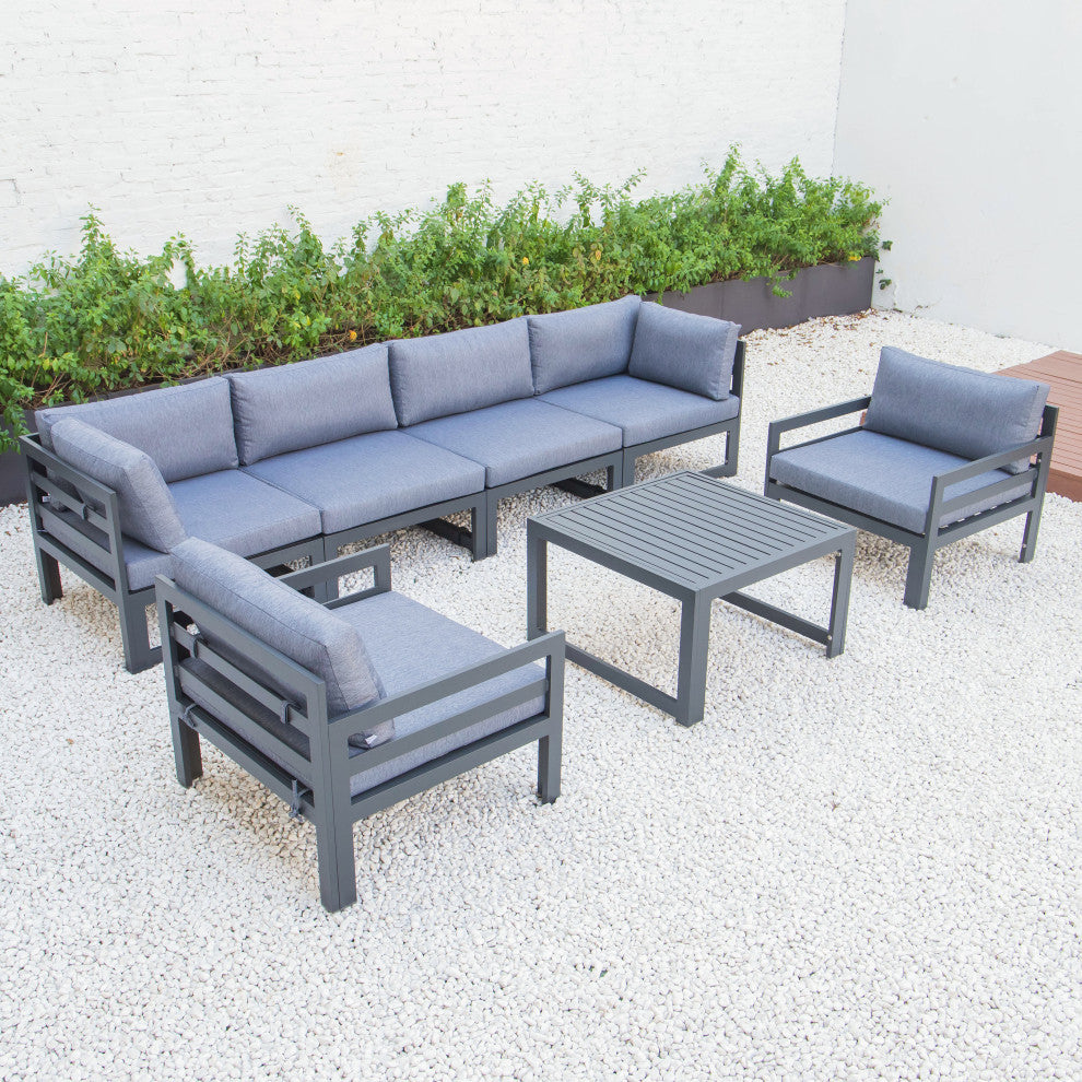 LeisureMod Chelsea 7-Piece Patio Sectional With Coffee Table, Blue