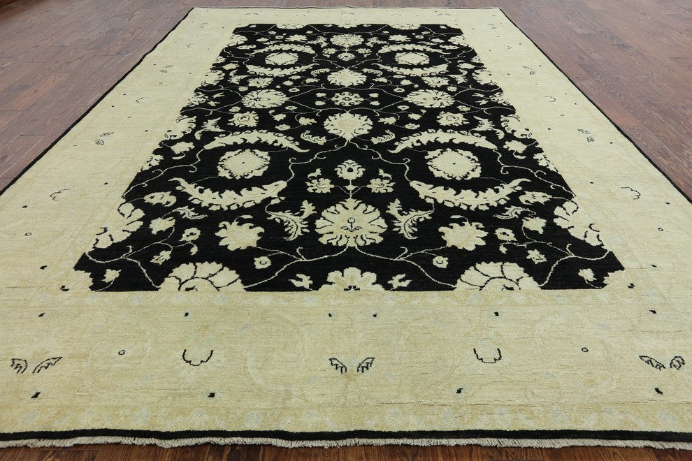 Oriental Chobi Peshawar Black Hand Knotted 9'x12' Rug, W2236