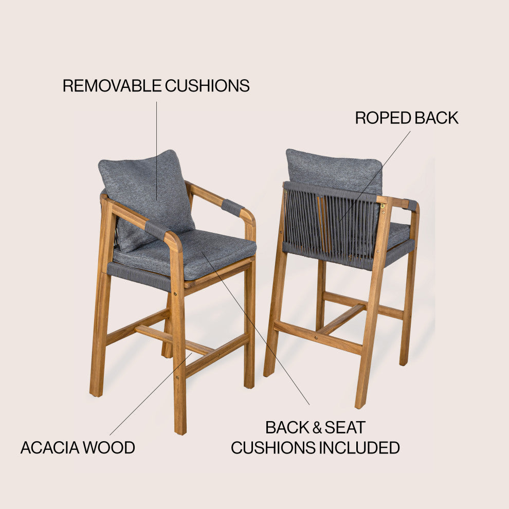 Modern Tub Roped Acacia Wood Outdoor Bar Stool With Cushions, Armrests, Set of 2