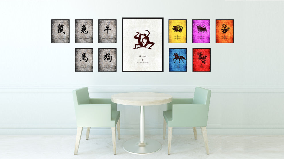 Gemini Horoscope Astrology White Print on Canvas with Picture Frame, 13"x17"