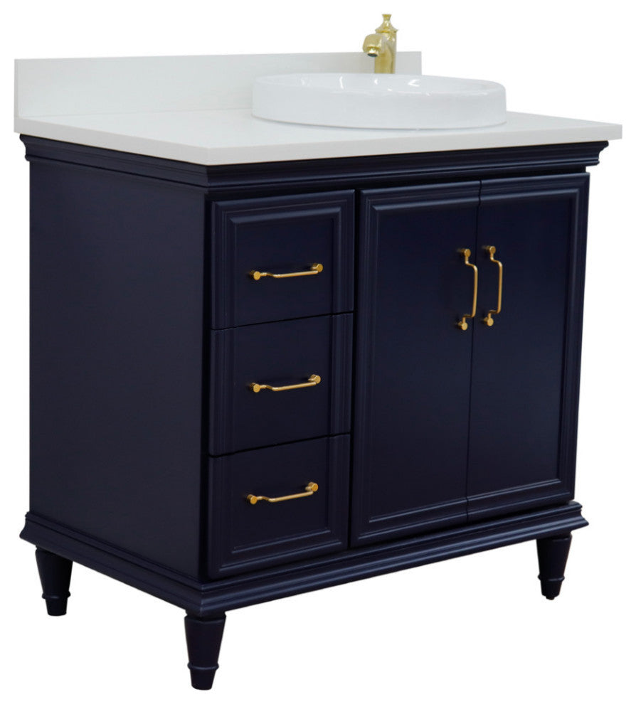 37" Single Vanity, Blue Finish With White Engineered Stone Top