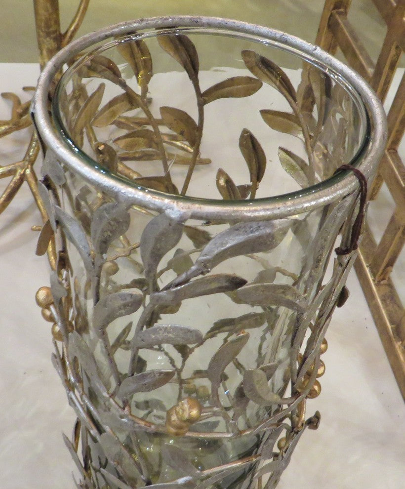 Tall 15" Leaf Berry Pillar Candle Holder, Metal Hurricane Leaves Branches