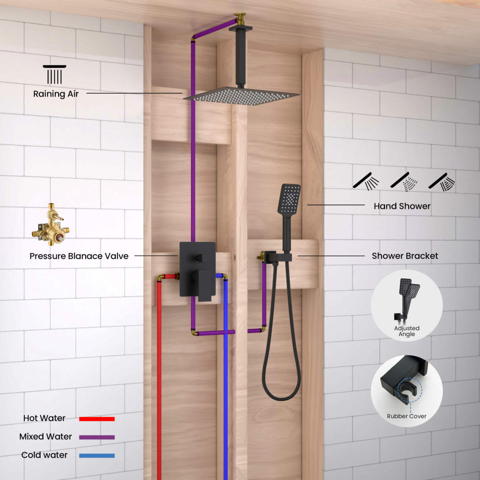 Ceiling Mounted 2-Function Shower System, Rough, Valve, Matte Black