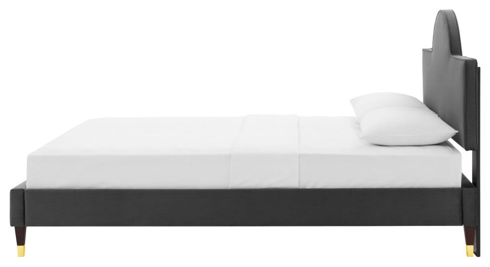 Platform Bed Frame, King Size, Charcoal Gray, Velvet, Modern, Guest Suite