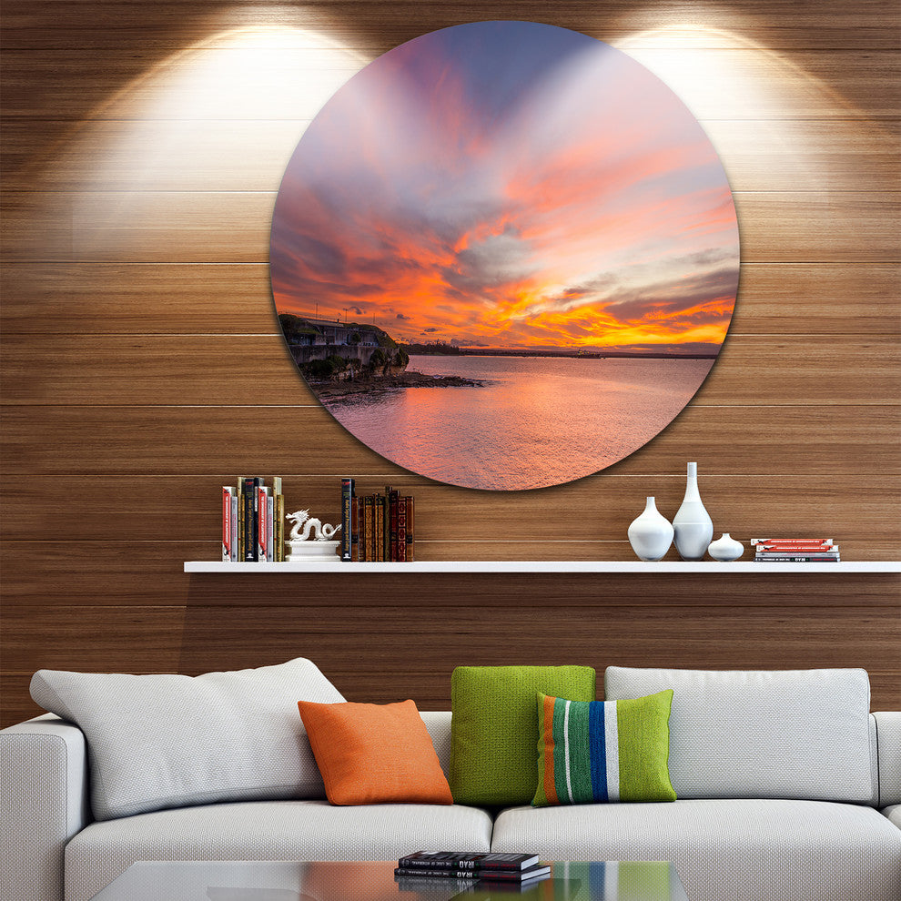 Calm Sydney Beach With Yellow Sky, Seashore Round Wall Art, 36"
