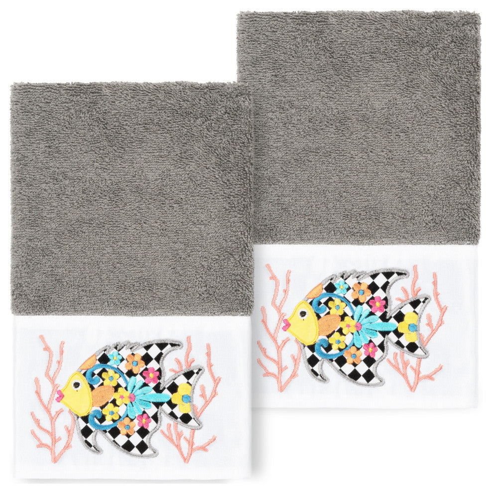 Linum Home Turkish Cotton Feliz 2-Piece Embellished Hand Towel Set, Dark Gray