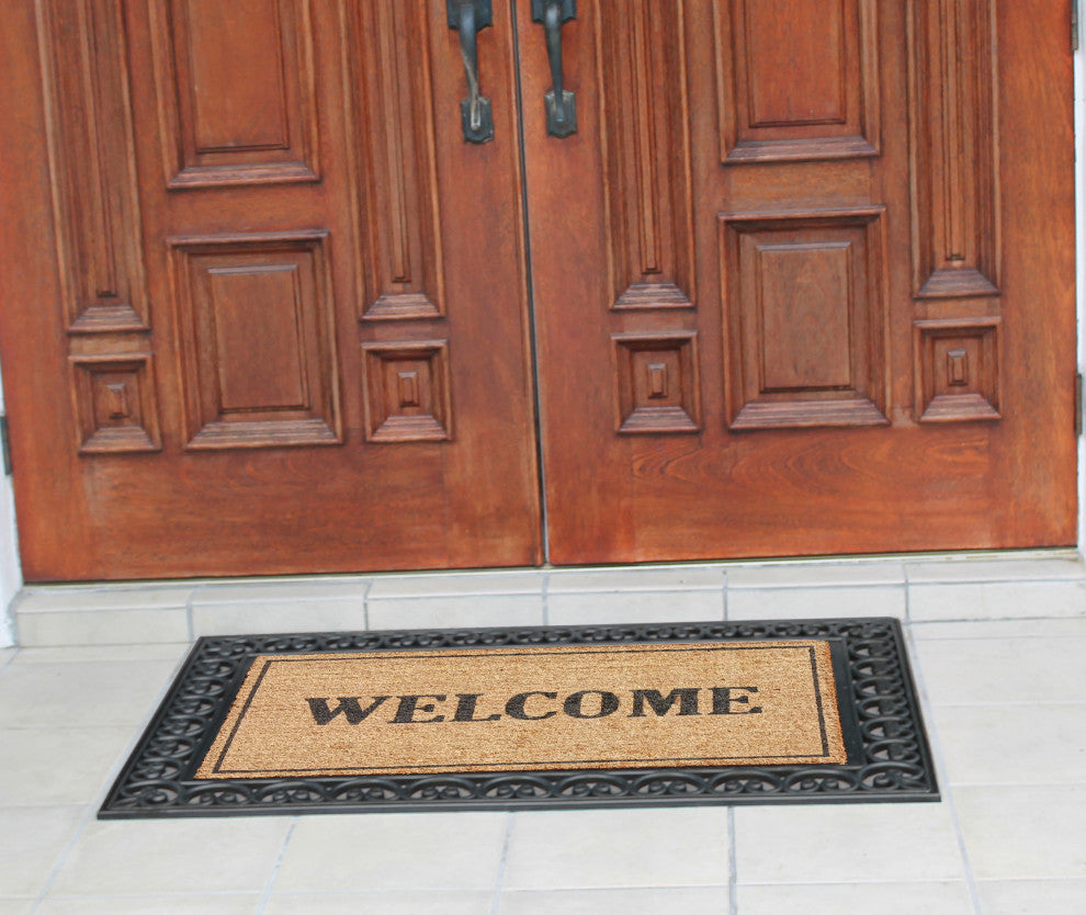 A1HC Rubber and Coir Welcome Paisley Border Double Door Doormat 30"x48", Black