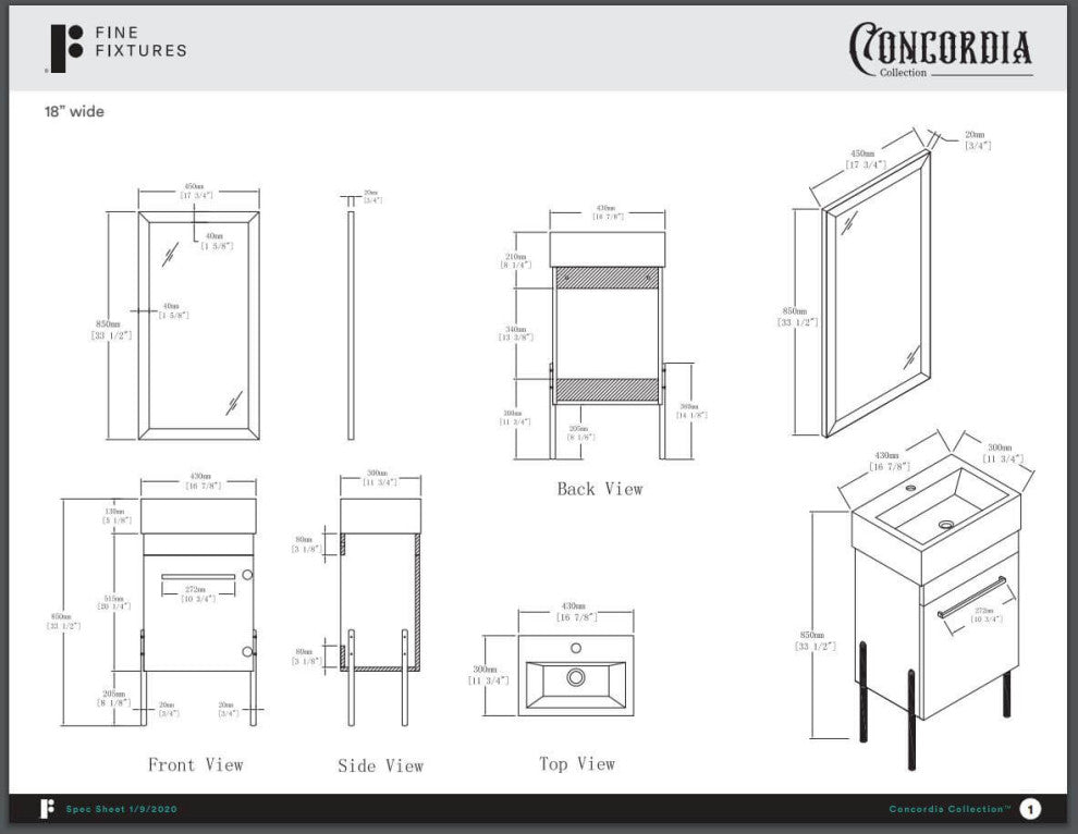 Fine Fixtures Modern Vanity Set, White, 18", Black Hardware