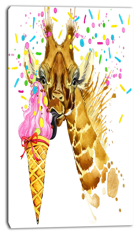 Giraffe Eating Ice Cream Watercolor, Contemporary Animal Art Canvas, 16"x32"