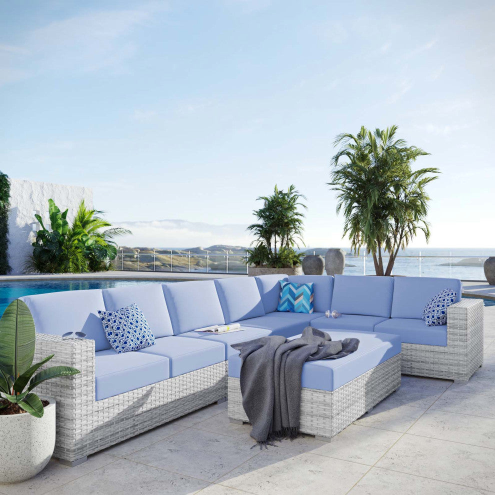 Lounge Sectional Sofa Chair Set, Rattan, Wicker, Gray Blue, Modern, Outdoor