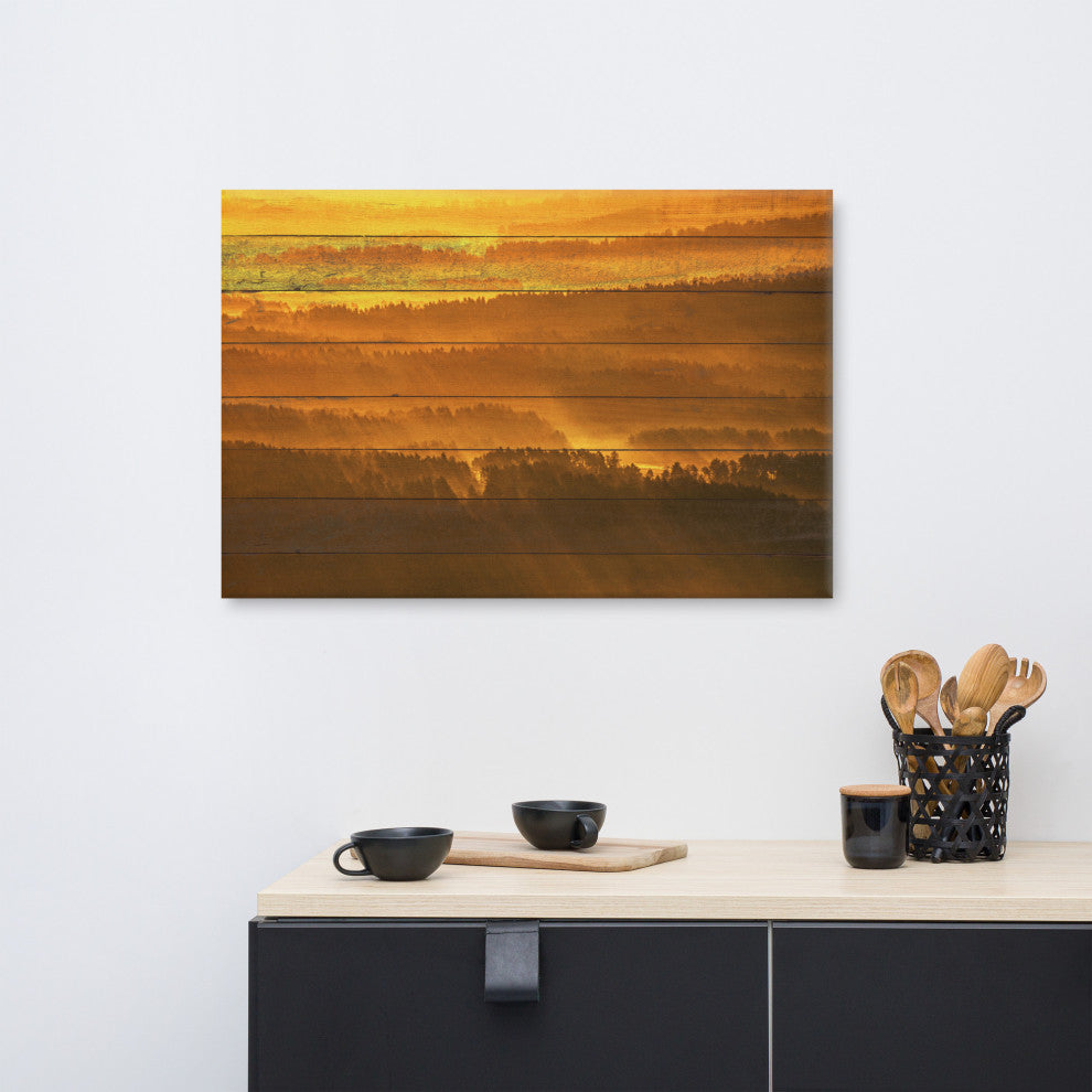 Faux Wood Golden Mist Valley - Hills & Mountain Range Canvas Prints, 24" X 36"