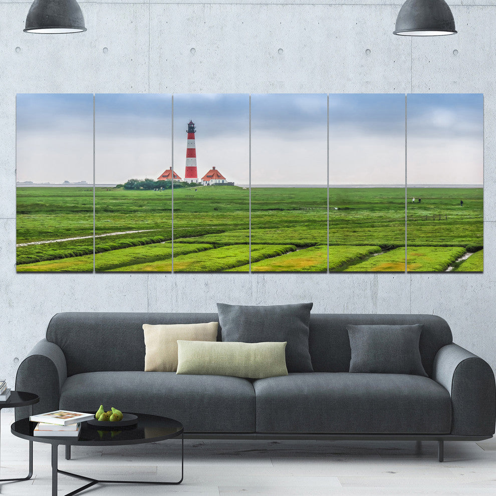 Westerheversand Lighthouse Panorama, Landscape Canvas Print, 70"x28", 6 Panels