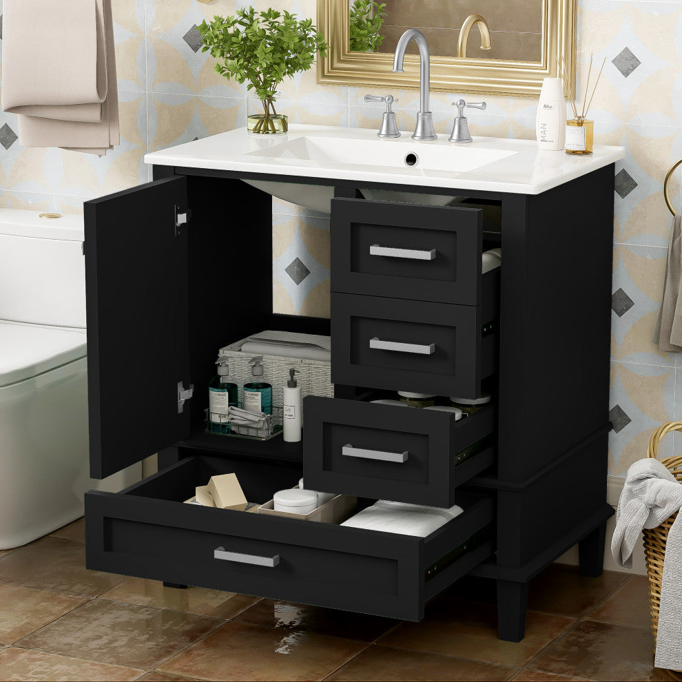 30" Freestanding Bath Vanity Set, Integrated Ceramic Sink, Black, 30 Inches