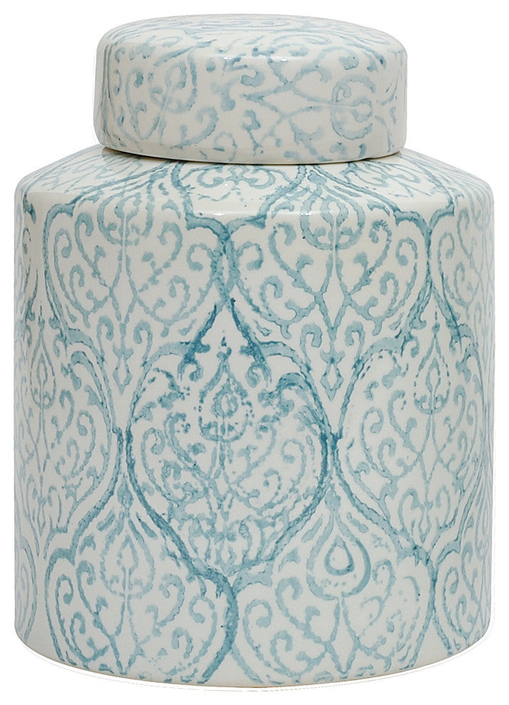 Decorative Ceramic Ginger Jar, Lid, Blue and White