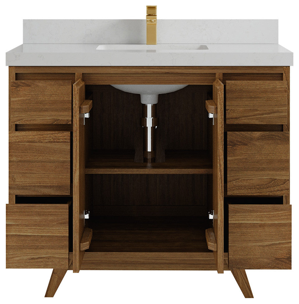 Madison Teak 42 Single Sink Bath Vanity in Dark Natural 2" Carrara Quartz