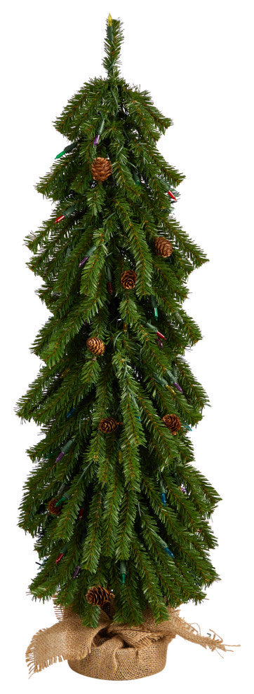 3' Faux Xmas Tree With Pinecones and 50 Multicolored Lights Set, a Burlap Base