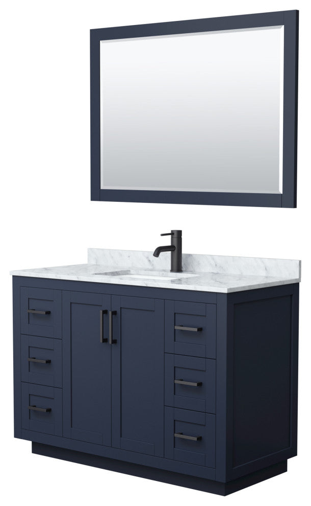 48"SGL Bathroom Vanity Dark Blue, Carrara Countertop, Sink, Black Trim,46"Mirror